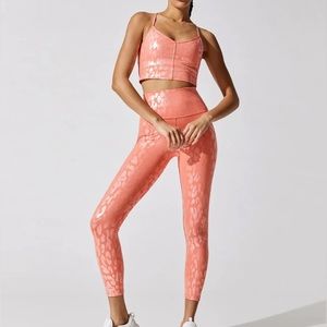 Carbon38 Coral Metallic Print Workout SET - Tank AND Leggings